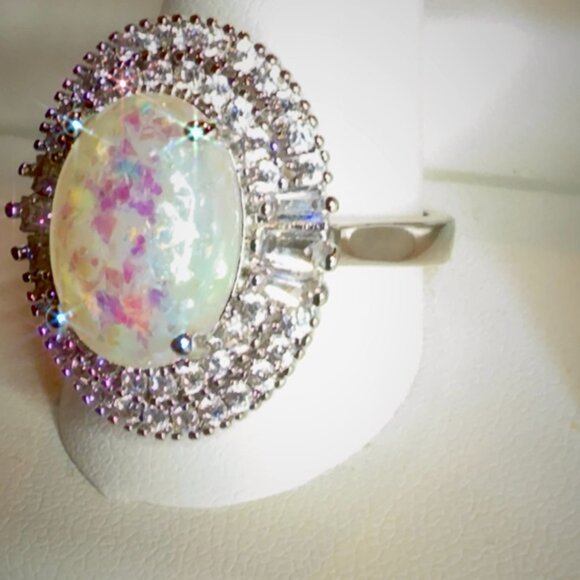 Oval Opal Cocktail Ring With Imitation Rhodium & CZ Halo Size 10 - Picture 5 of 6